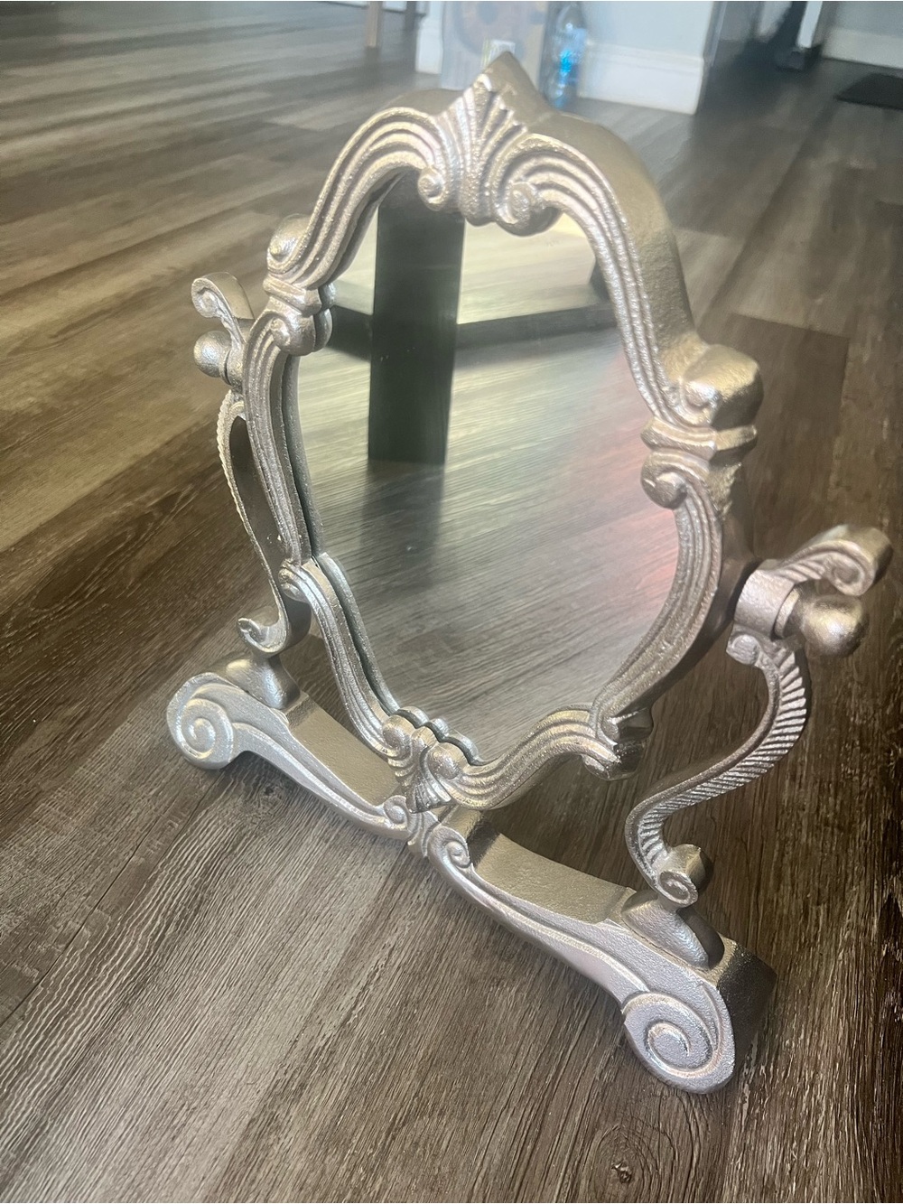 Ornate Standing Vanity Mirror in Metallic Silver